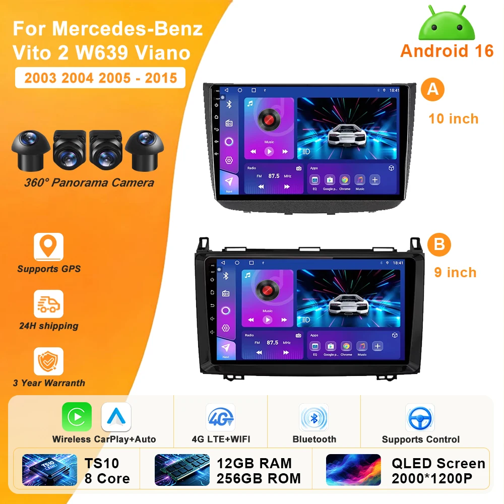 Android 16 For Mercedes-Benz Vito 2 W639 Viano 2 W639 2003 2005 - 2015 Car Radio Multimedia Player GPS Video Carplay Autoradio
