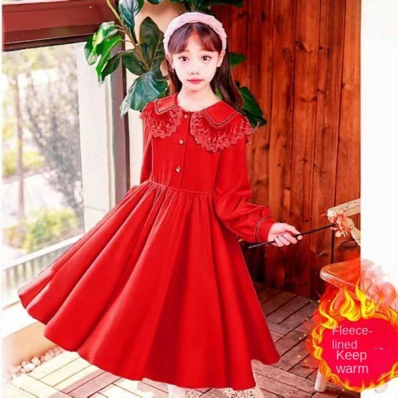 College Style Large Children's fleece-lined Fashion Princess New Spring and Autumn Girls' Long Dress