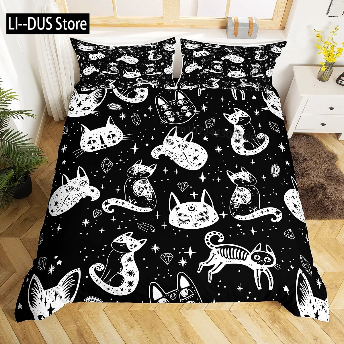 

Cute Kitten Bedding For Girls Boys Black Cat Pattern 3 Piece Decorative Duvet Cover Set King Size Bedroom Decor Comforter Cover