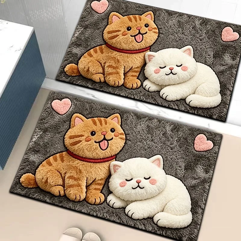 3D Fluffy Pet Pattern Diatomaceous Earth Mat, Moisture Proof Easy Care Bathroom Floor Rug, Multiple Sizes Available