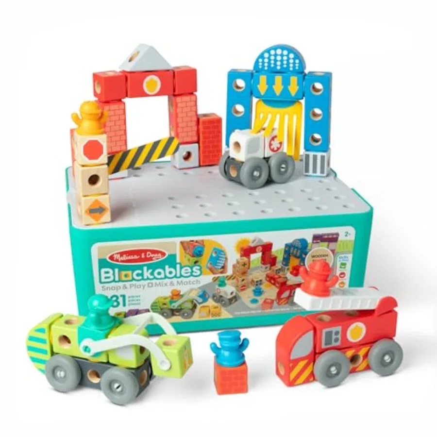 

City playset: FSC-certified wooden blocks in natural wood color snap-and-play connectivity for ages 2-7 includes storage bin an