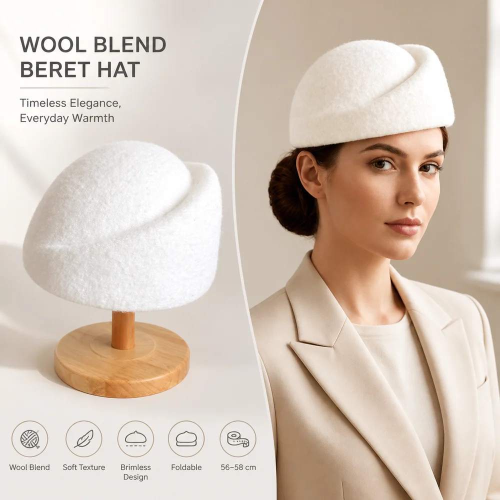 Elegant Wool Blend Pillbox Hat Teardrop Brimless Beret Hat Foldable Hepburn Silhouette Painter Beret For Women