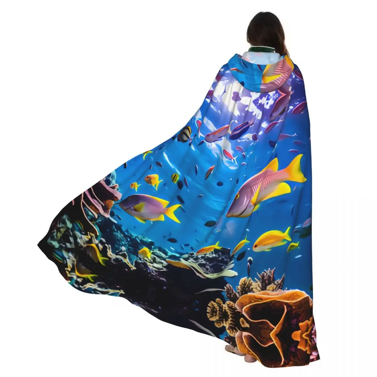 

Для взрослых Хэллоуин красочные тропические рыбы и кораллы подводный плащ накидка с капюшоном средневековый костюм полная длина платье пальто