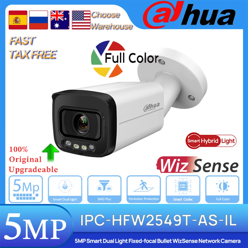 

Dahua Original IPC-HFW2549T-AS-IL 5 MP Smart Dual Light Fixed-focal Bullet WizSense POE Network Camera Alarm Audio I/O Intrusion