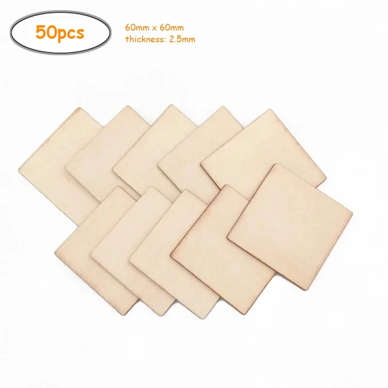 50pcs 6cm Unfinished Wooden Square Blank Natural Slices Wooden Cutout Tiles for DIY Crafts Home Decoration Painting Staining