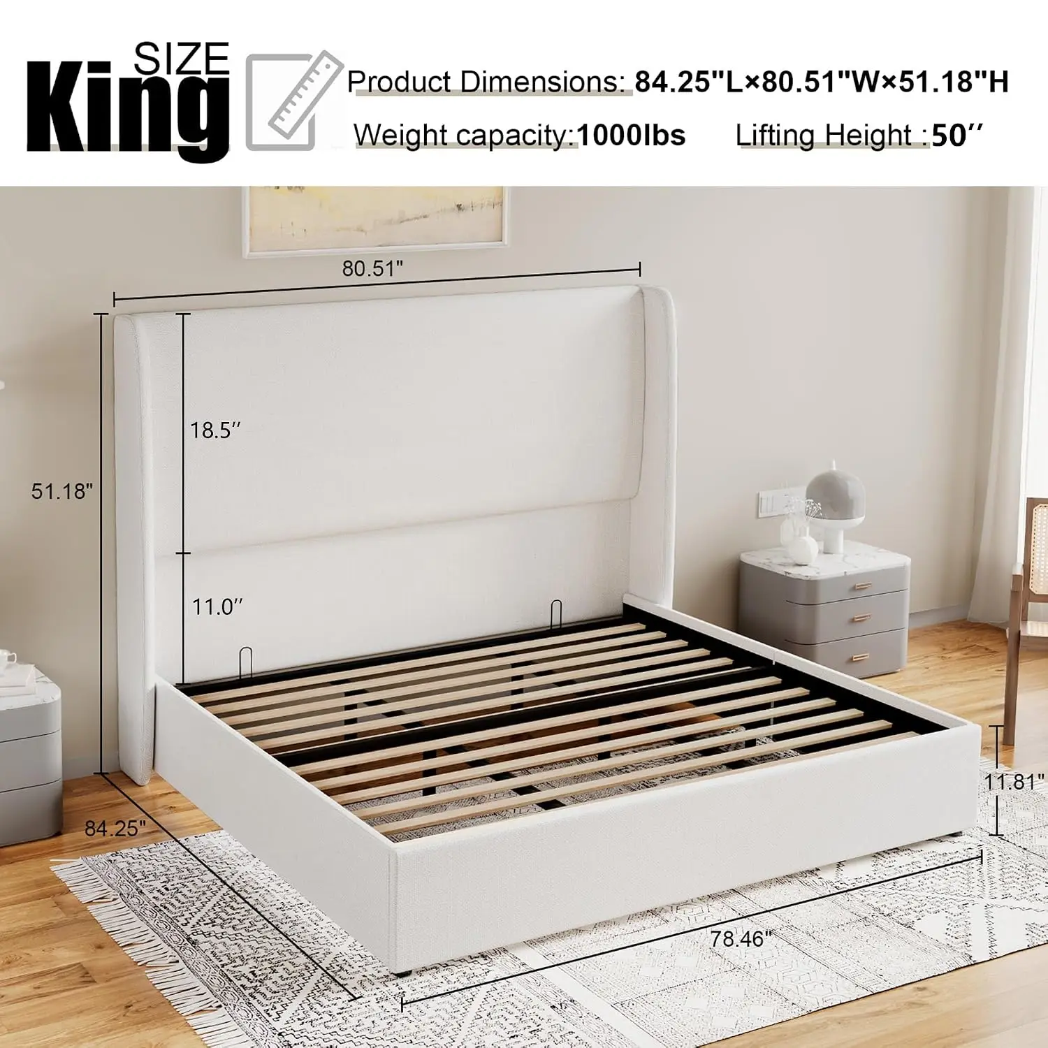 Linen Wingback Storage Bed Frame King Size Lift Up Upholstered Platform Bedroom Furniture, Customized