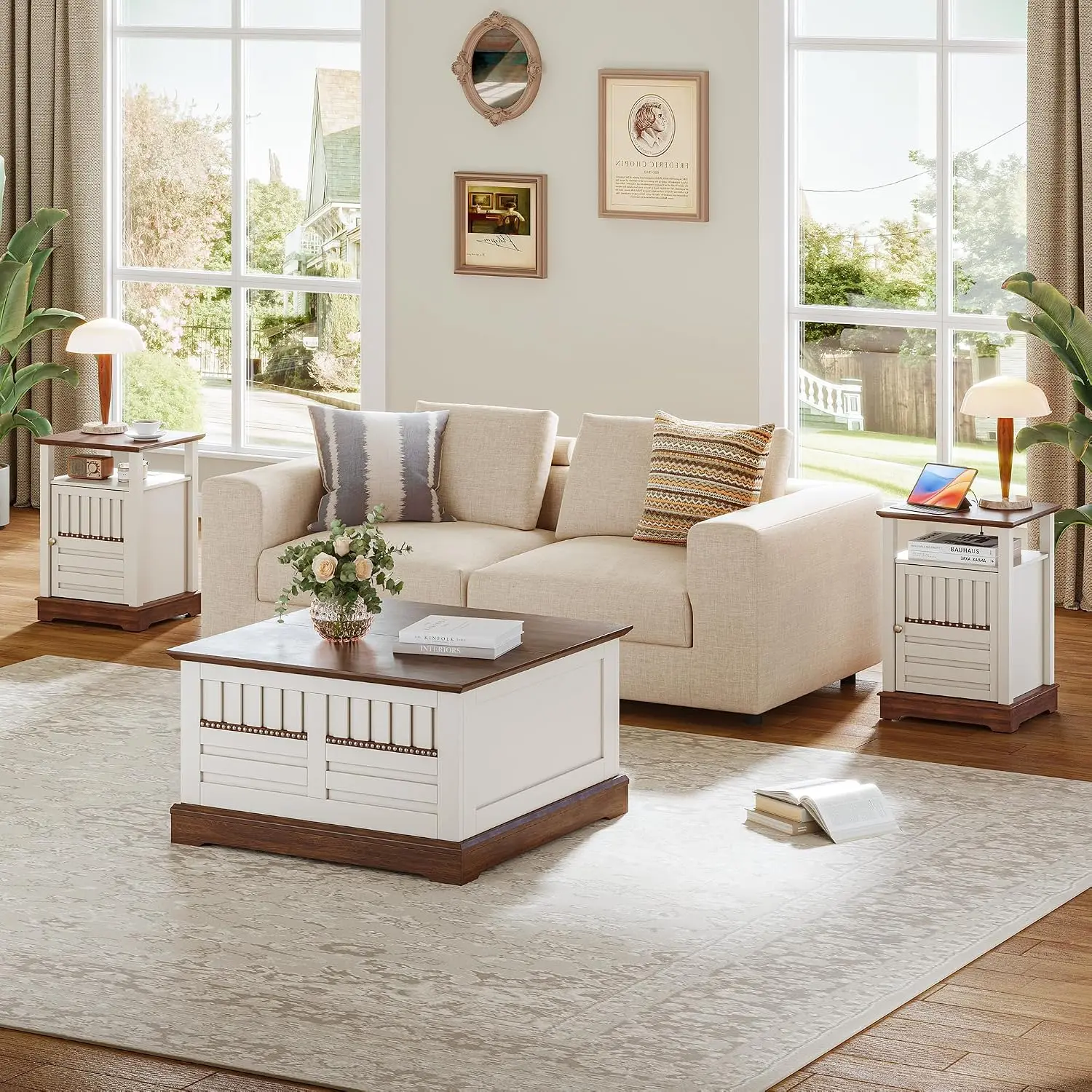Farmhouse Coffee Table Set Lift-Top Hidden Storage End Table Charging Station Rivet Barn Door Living Room Furniture, Customized