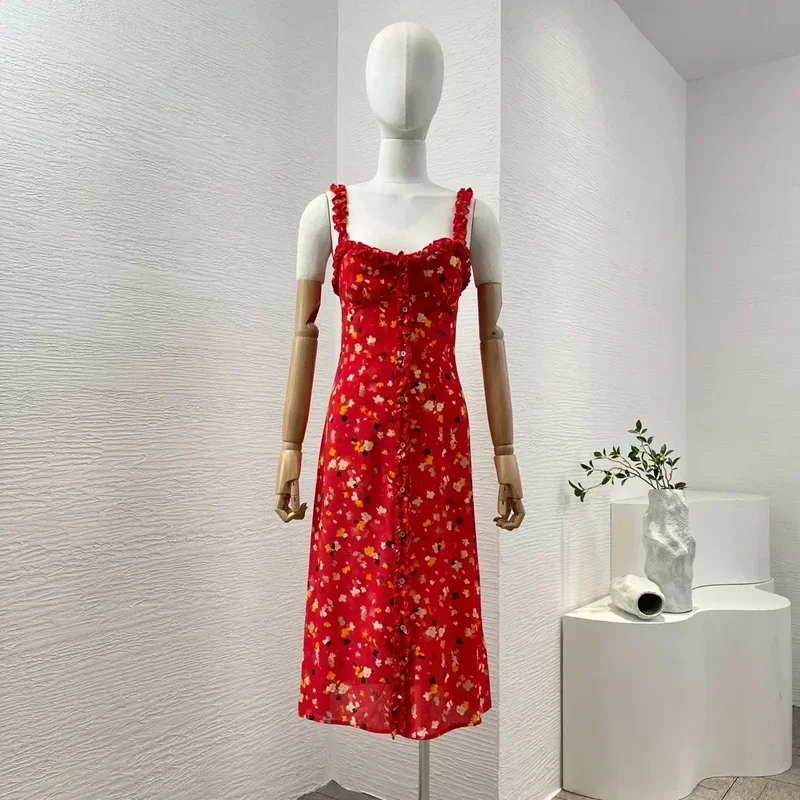 

2024 Silk women Summer high quality red floral sleepveless midi dress camisole ruffles sweetheart neck vintage clothing