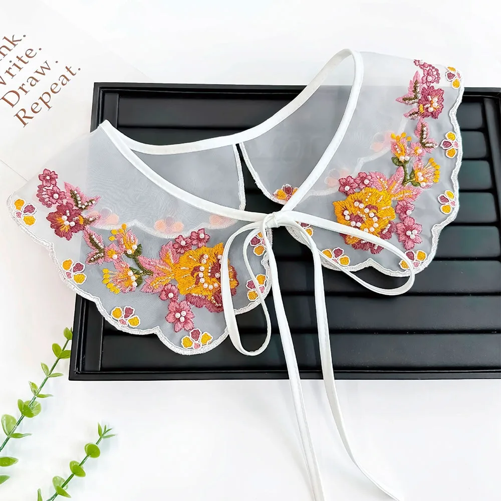 

Cute Colorful Embroidery Fake Collar Hollow Detachable Neckwear Organza Scarf Shawl For Girls Shirt Skirts Sweater All Match