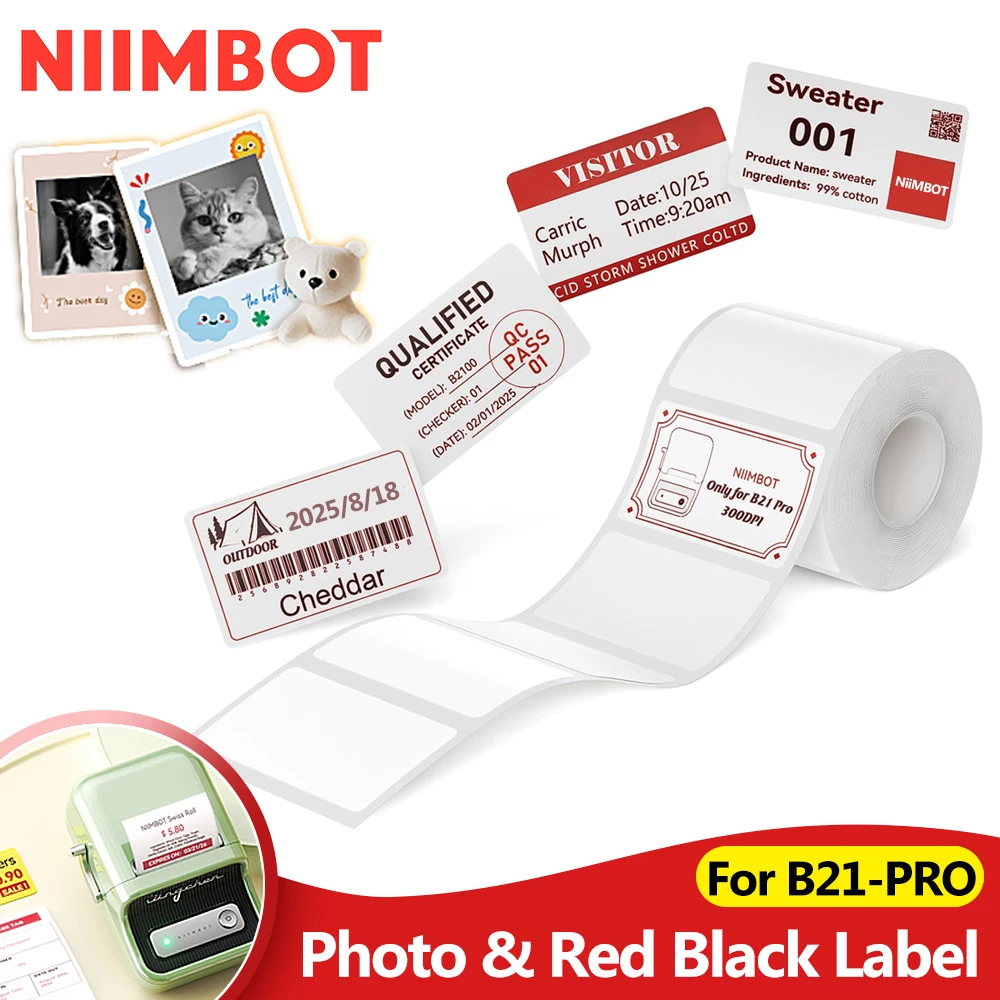 NiiMbot B21 Pro Thermal Printer Photo Paper Sticker Red Black Label Paper 300DPI HD Printing for Picture Warning Signs Supermark