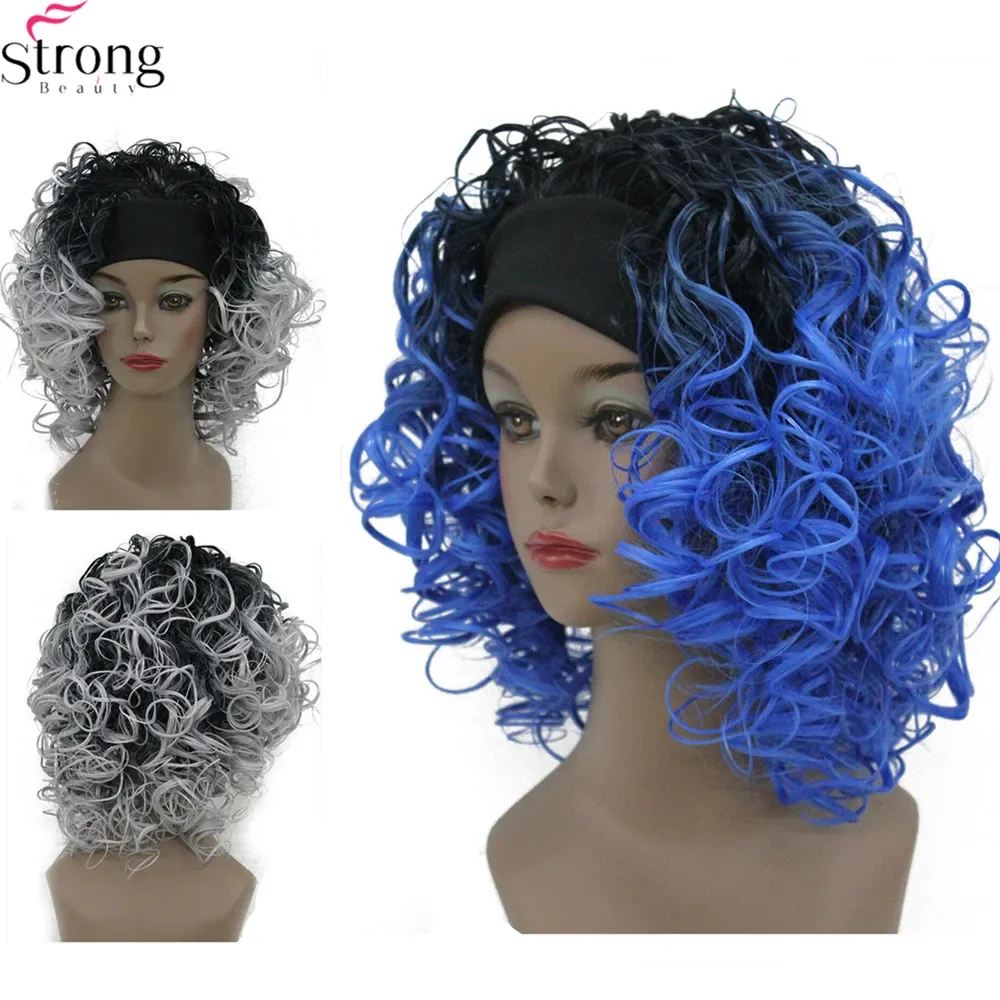 Strongbeauty peruca sintética ombre azul/cinza comprimento médio cabelo encaracolado perucas femininas