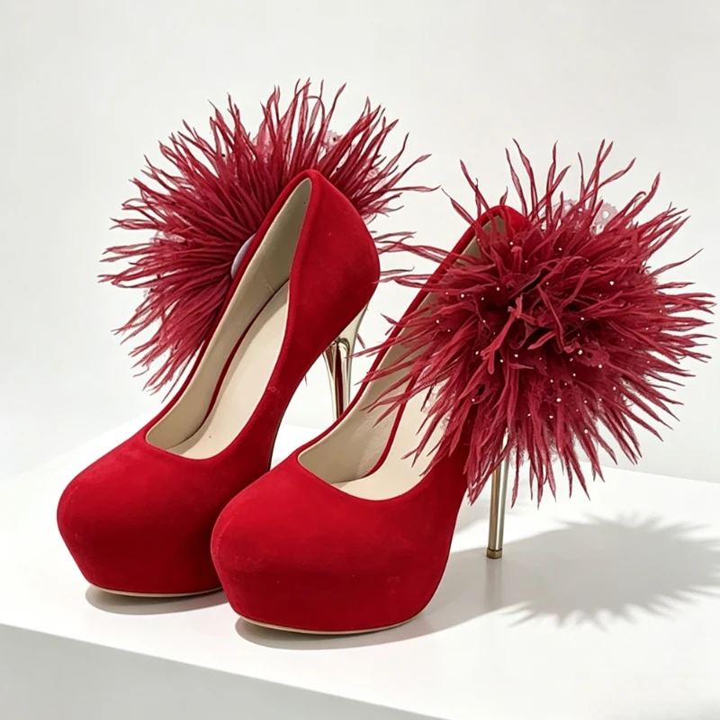 Sexy Red Suede Ultra-High-Heel Womens Pumps Feather Detail Round-Toe Platform Heels Ladies Elegant Wedding Banquet Dress Shoes