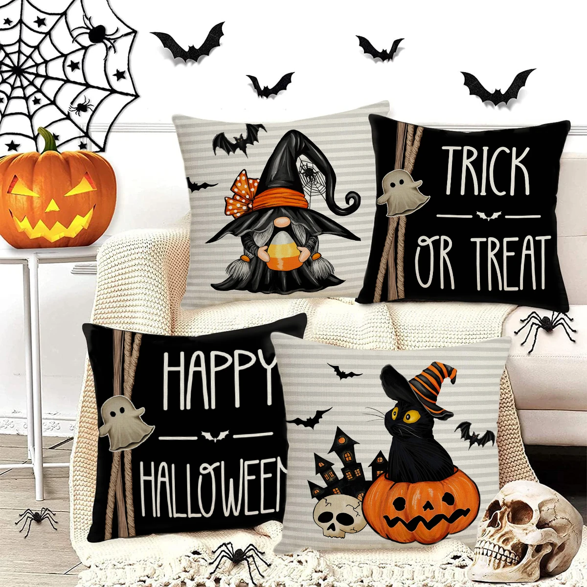 2024 Halloween Cushion Cover Halloween Decoration for Home Ghost Pumpkin Bat Pillowcase Horror Trick Or Treat Party Supplies