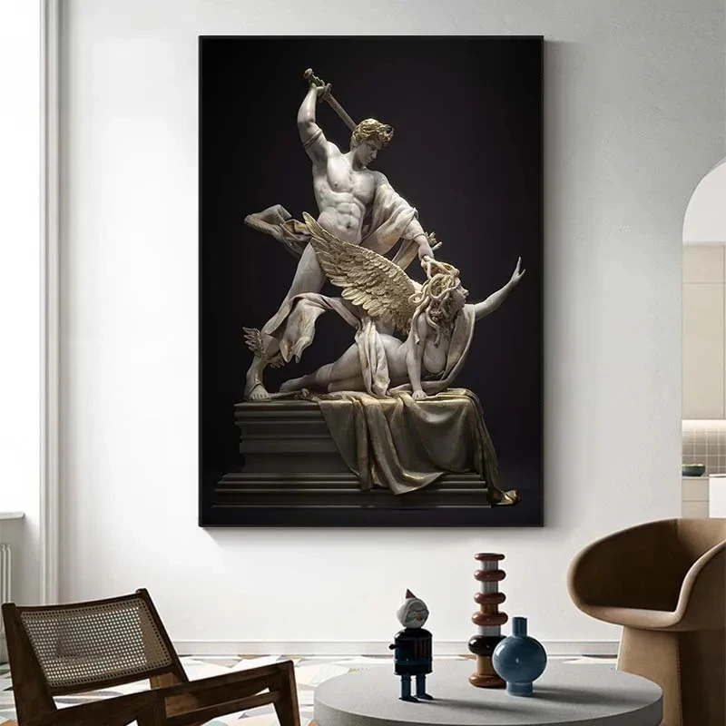 Mythology Figure Canvas Paintings Perseus with The Head of Medusa Sculpture Posters Prints Wall Art for Living Room Decor