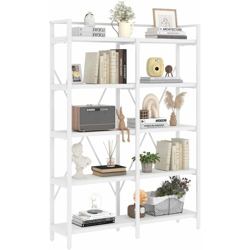 

5 level wood metal bookshelves, 51 "wide bookcase, suitable for home office, living room, bedroom (white oak)