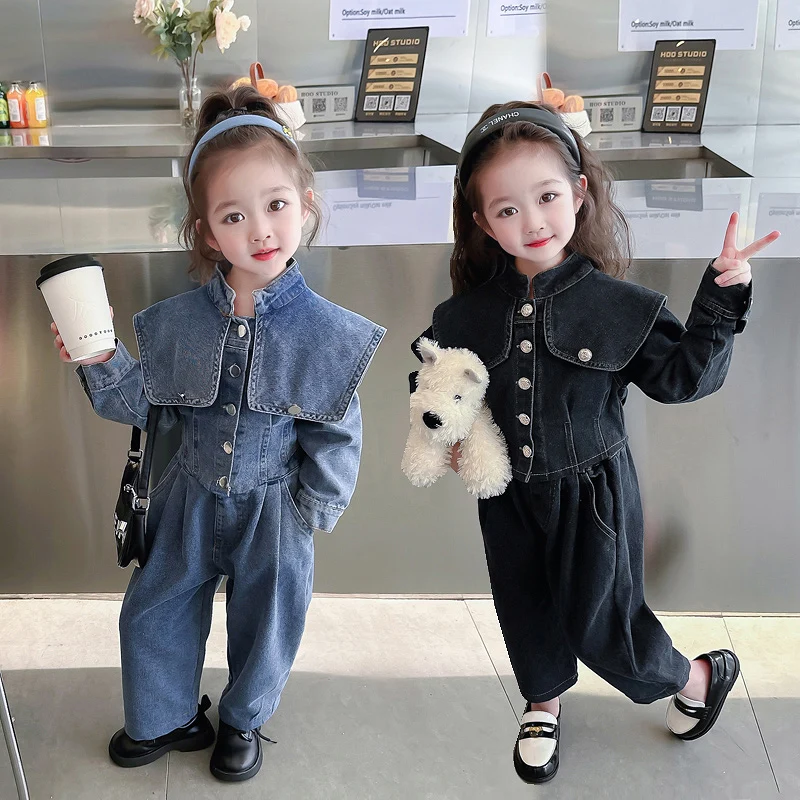 

Children Girls Denim Suit Single Breasted Spring Autumn Kids Jacket+Flared Pants Turn Down Collar Baby Pricess Outerwear TR02