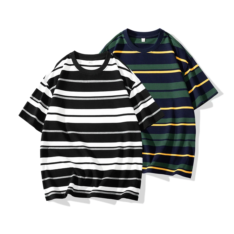 

Summer Men's Striped T-Shirt With Cartoon Embroidery Vintage Relaxed Fit Pure Cotton Heavyweight Round Neck Short Sleeve Tee Top