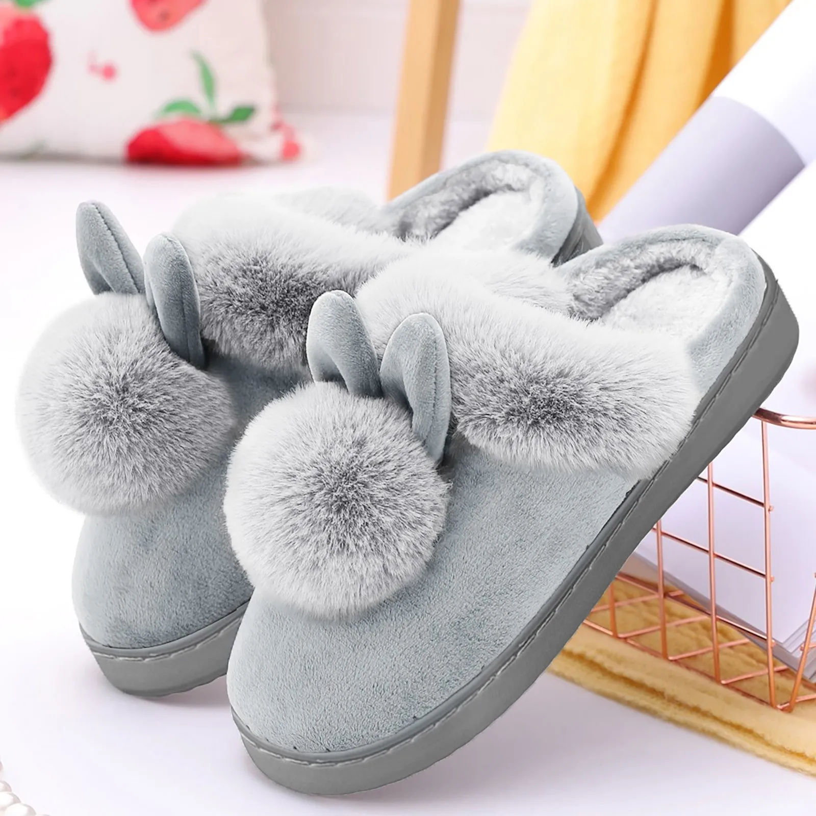 Women Indoor Winter Slippers Rabbit Shape Furry Ears Flat Comfort Shoes Cute Soft Women Home Keep Warm Slippers 2024 Hot Sale