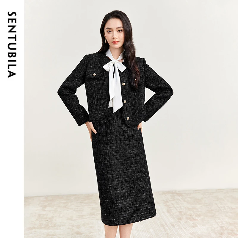 SENTUBILA Skirt Sets Women Outfits 2024 New Winter Vintage Round Neck Jackets High-waist Straight Skirts Two Piece Set 144Z57655