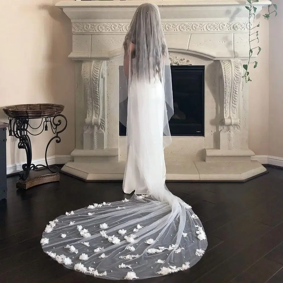 Elegance Wedding Veil with 3D Flowers Bridal Veil 1 Meters Short Veu Wedding Dresses Accessories with Organza Flower Voile V52