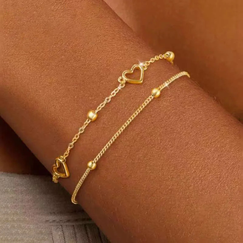 Korean Fashion Silver Color Charms Bracelet Double Layer Bead Chain Peach Heart Bracelets For Women 2026 Trending Jewelry Gifts