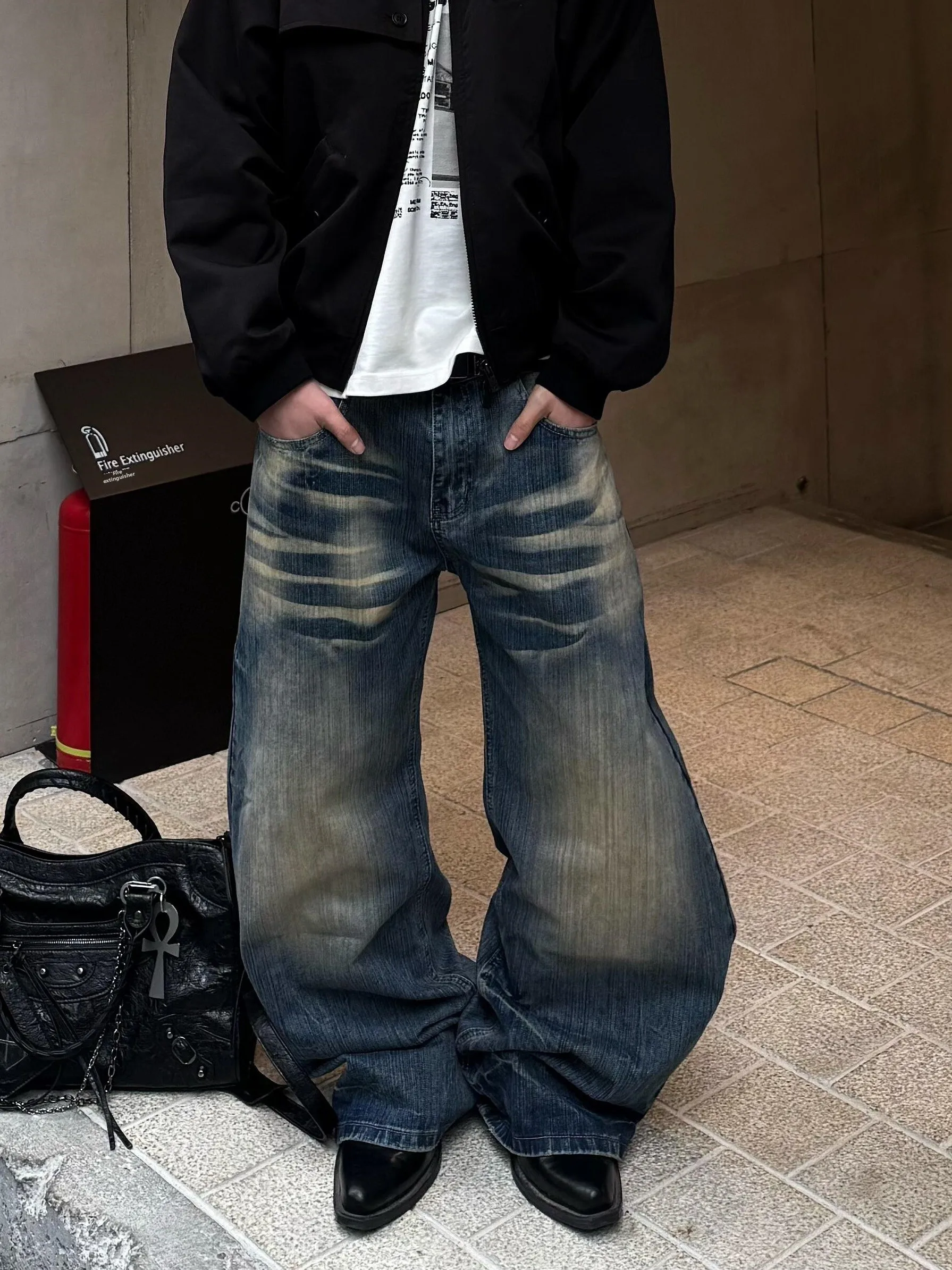 

Retro American Baggy adient Waed Vintage Blue Bent Knife Jeans Men Loose Wide Leg Lazy Pants Cleanfit Sle