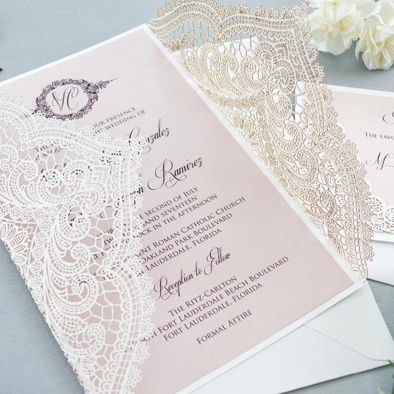 50 pieces Lace Flower Muslim White Wedding Invitation Card, Customized Print Bridal Shower Invitations With Reply Card IC141