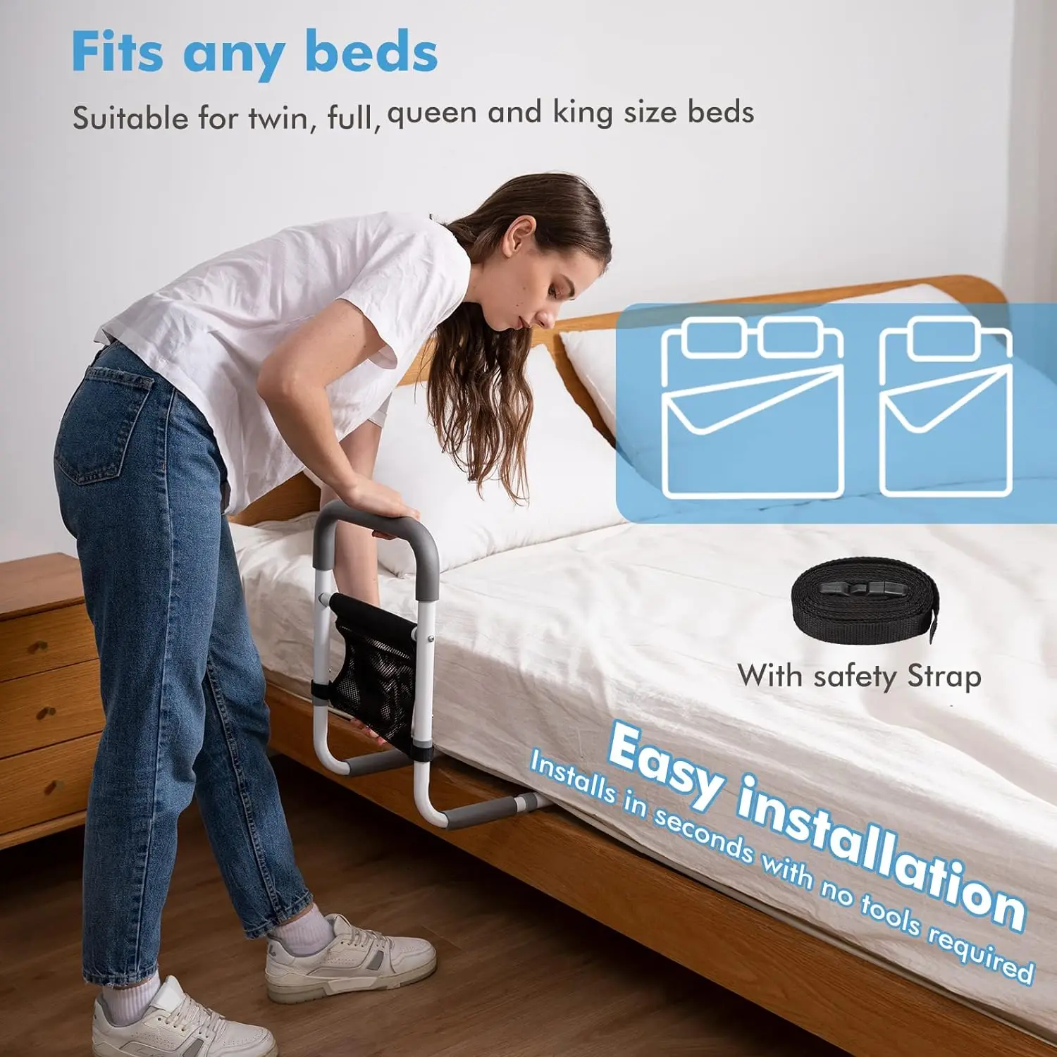 قضبان السرير لكبار السن البالغين، ارتفاع أمان قابل للتعديل، سكة مساعدة للسرير لكبار السن، قضيب إمساك بجانب السرير مع جيب تخزين #4