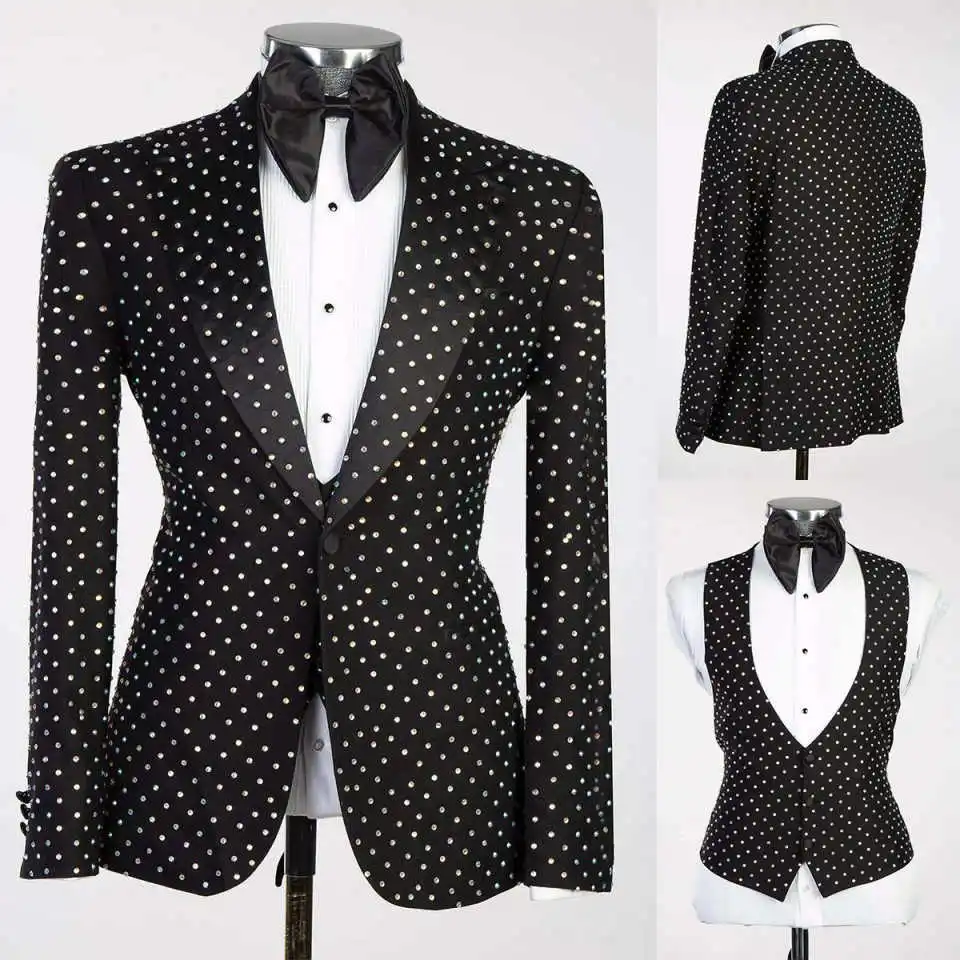 

Stylish Men Suits Single Breasted Peaked Lapel Groom Wedding Tuxedos Beaded 2 Pieces Customized Costume Homme
