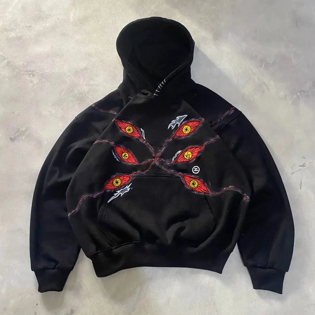 6 عيون Kokushibo تصميم هوديس كول فاسق البلوز Y2k الشارع الشهير المتضخم موضة عادية الأزواج أنيمي هوديي الرجال الملابس