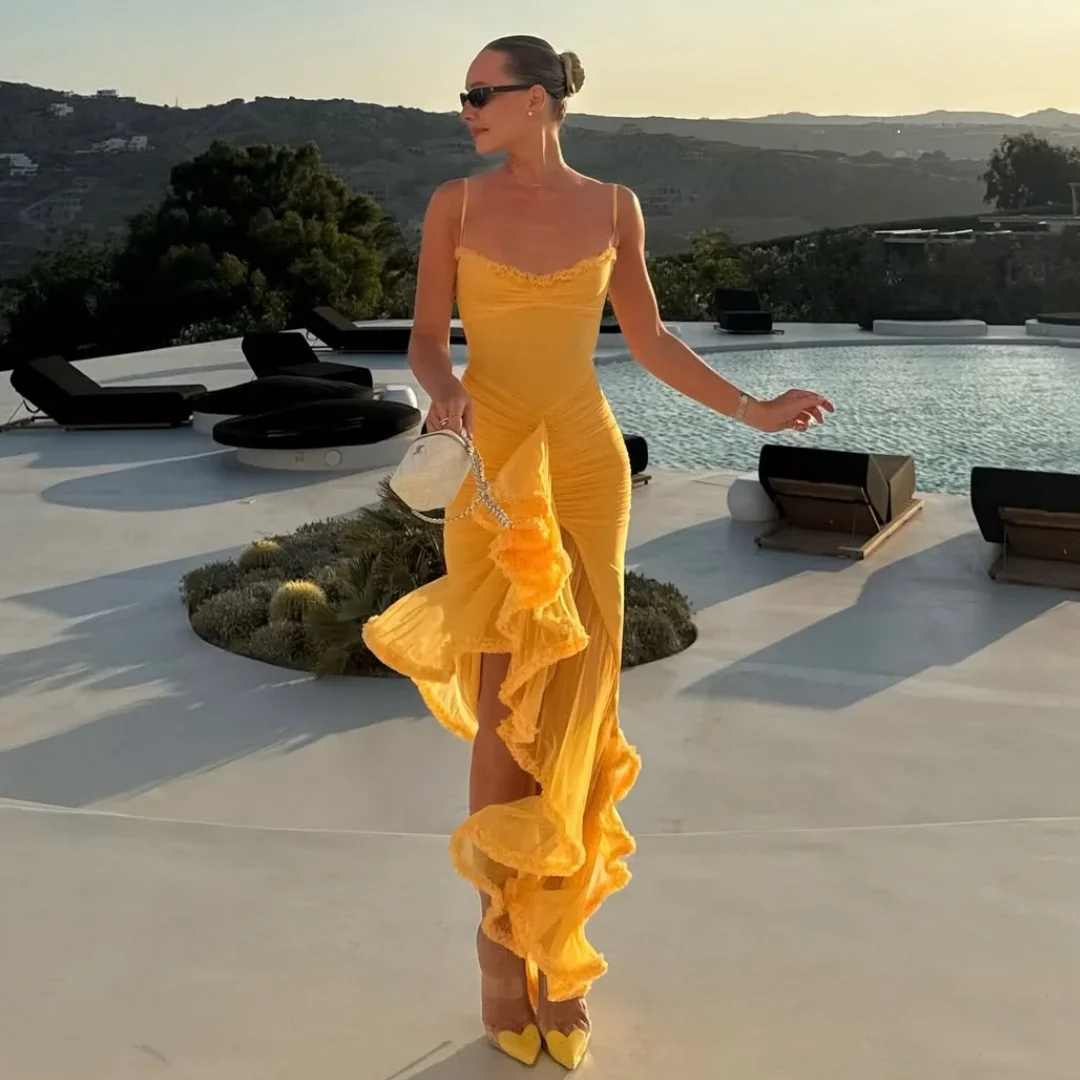 

Summer Spaghetti Straps Evening Dresses with Ruffles Wedding Party Dress Customized Sweetheart Chic Prom Gown Vestidos