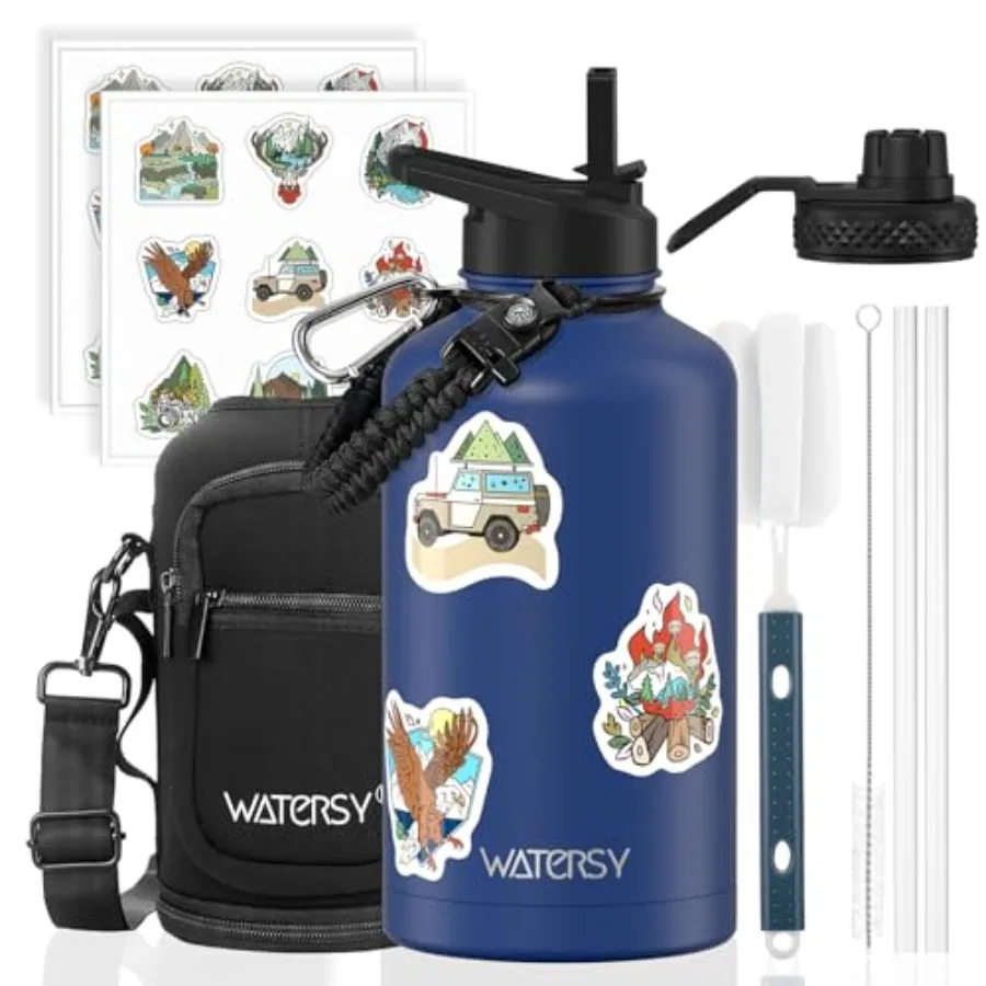 

Insulated Water Bottle Cold for 48 Hrs,BPA FreeandLeak Proof, Half Gallon Steel Water Flask, Water Jug with Straw Spout Lids fo