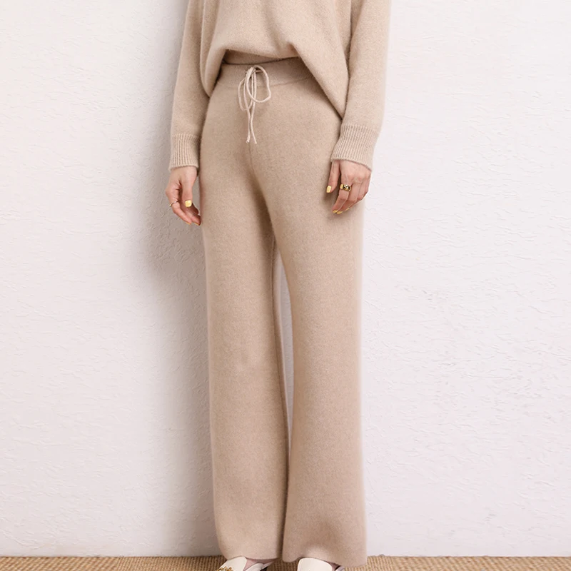 2024 Winter 100% Cashmere Pants Women Wide Leg Pants Knitting Pants Autumn Soft Warm Trousers For Female