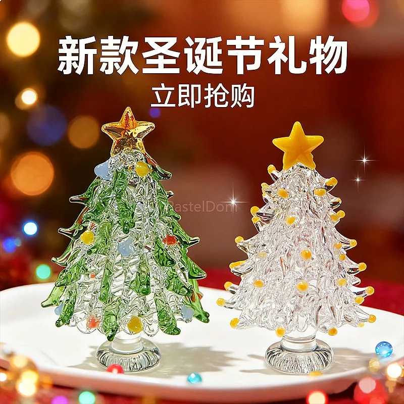 Mini Handmade Blown Glass Christmas Tree Ornament Table Decor Gift, Liuli Art Craft