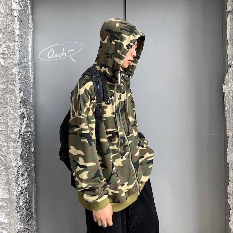 Japan Style Vintage Camouflage Print Long Sleeve Men Hooded Sweatshirts Harajuku Loose Zipper Cardigans Coats Punk Clothing Tops