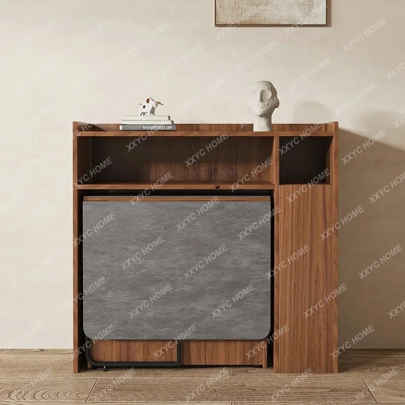 A Solid Wood Folding Sideboard Small Apartment Light Luxury Style Multi-functional Movable Rock Slab Folding Table