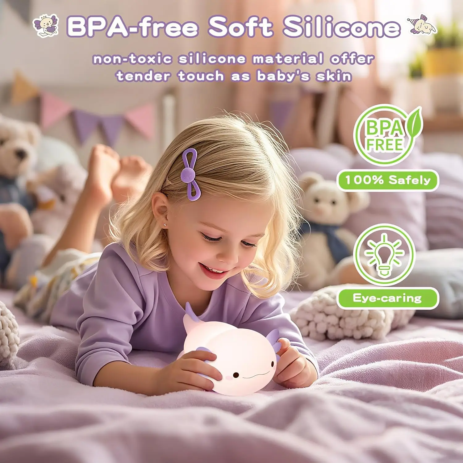 어린이를 위한 야간 조명, 귀여운 보라색 아홀로틀 램프, LED 스퀴시 유아용 야간등, 부드러운 실리콘 신기한 동물 침대 옆 램프