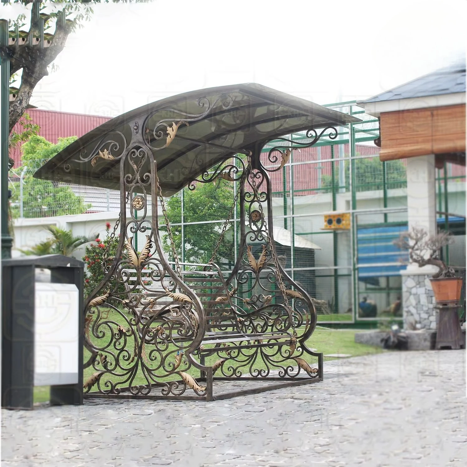Classical hand-forged wrought iron courtyard swing chair, luxury European vine design three-seat bench