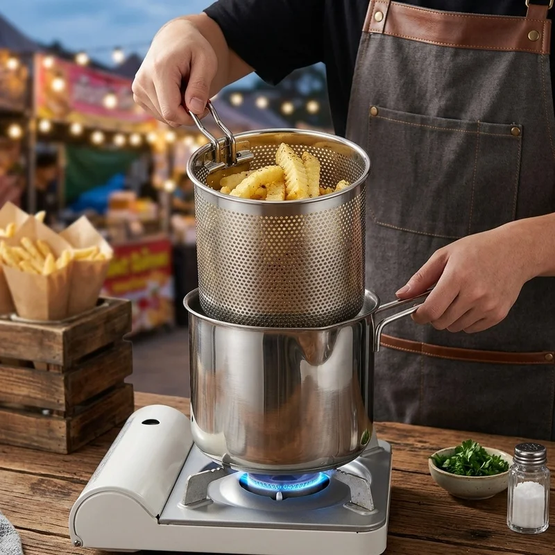 Small Stainless Steel Fryer Pot with Strainer Basket, Oil Filter Pot for French Fries Chicken Wings, Home Kitchen Cooking