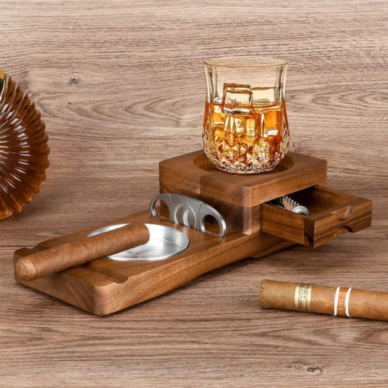 Cigar Ashtray Coaster Whiskey Glass Tray Wooden Gray Tray Cigar Cutter Drawer Cigar Slot