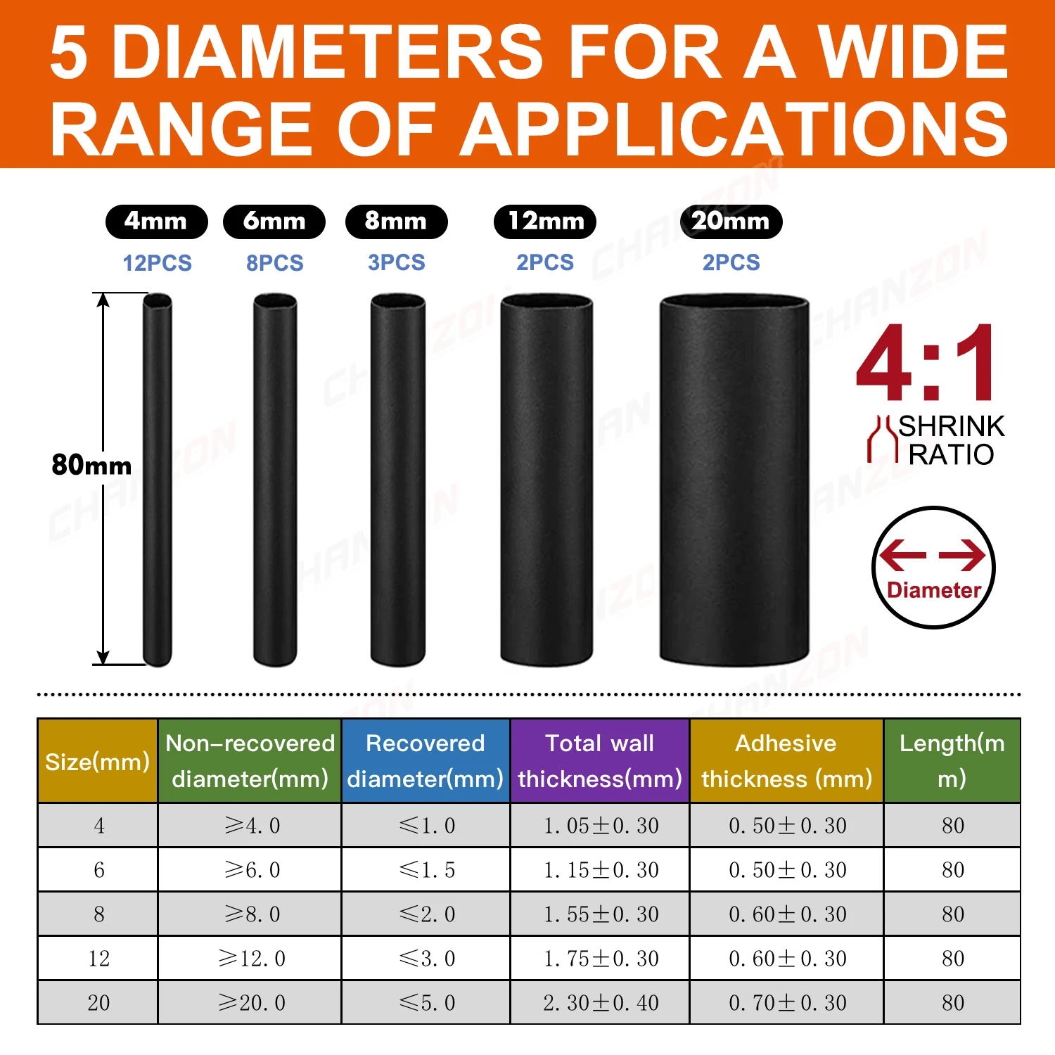 接着剤付き0.4:1熱収縮キット,4mm,6mm,8mm,12mm,20mm,各種,27個