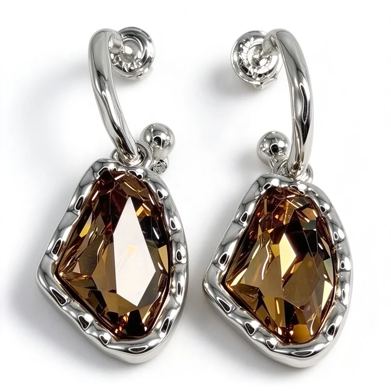 Crystal Drop Earrings, Silver Tone Openwork Metal Earrings with Brown Yellow Faceted Crystal Gemstone for Women Girls Ladies, Vintage Elegant Trendy Style Jewelry for Party Evening Daily Wear, Birthday Anniversary Gift for Girlfriend Wife, Hypoallergenic