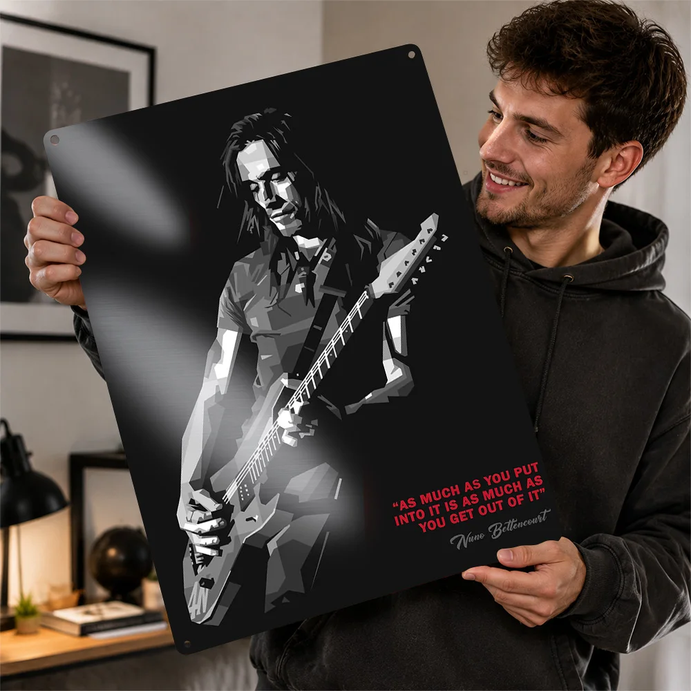Nuno Bettencourt Guitar Portrait Aluminum Poster Monochrome Wall Art For Listening Room Customized Metal Sign Housewarming Gift
