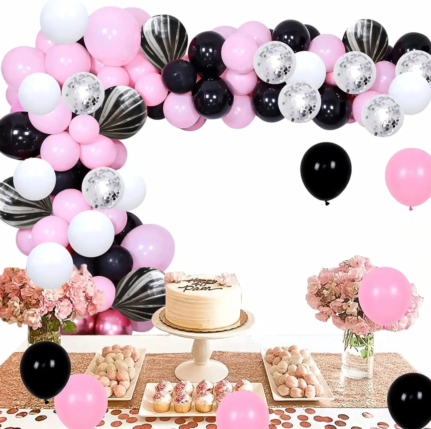 Black and Pink, 60 Packs 12 Inch Pink Black White Latex Balloon with Agate Ballo