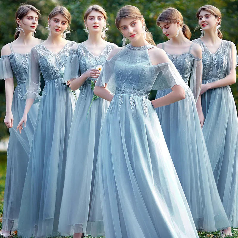 Elegant Blue Bridesmaid Dresses For Weddings Woman Guest Summer 2022 New Backless Delicate Appliqués Long A-line Tulle Gonws