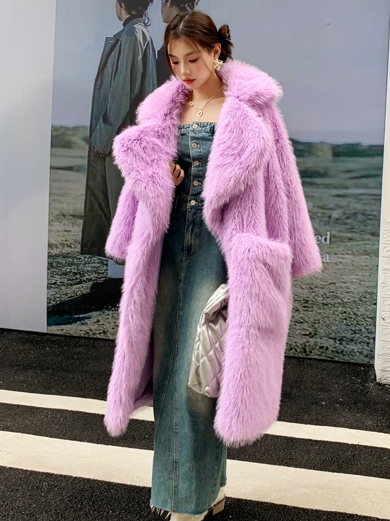 Lady Light Purple Eco-friendly Faux Fur Coat Female Lapel Suit Artificial Wool Long Jacket Winter Women\'s Coats Promotion