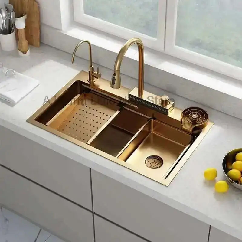 

Personalized Beige Gold Sinks for Hotel Modern Thickened Metal Smart Kitchen Sink Minimalist Kitchen Sinks with Basket for Home