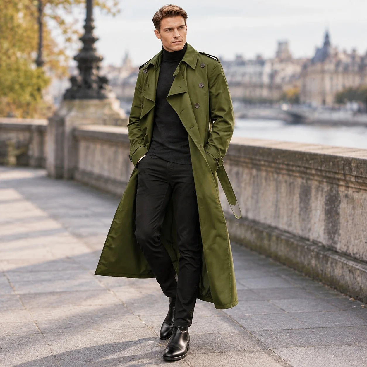 Pocket Loose Fit Belt Minimalist with Long Length Belt Included Double Breasted Front Notched Lapel Men Spring Autumn Jacket
