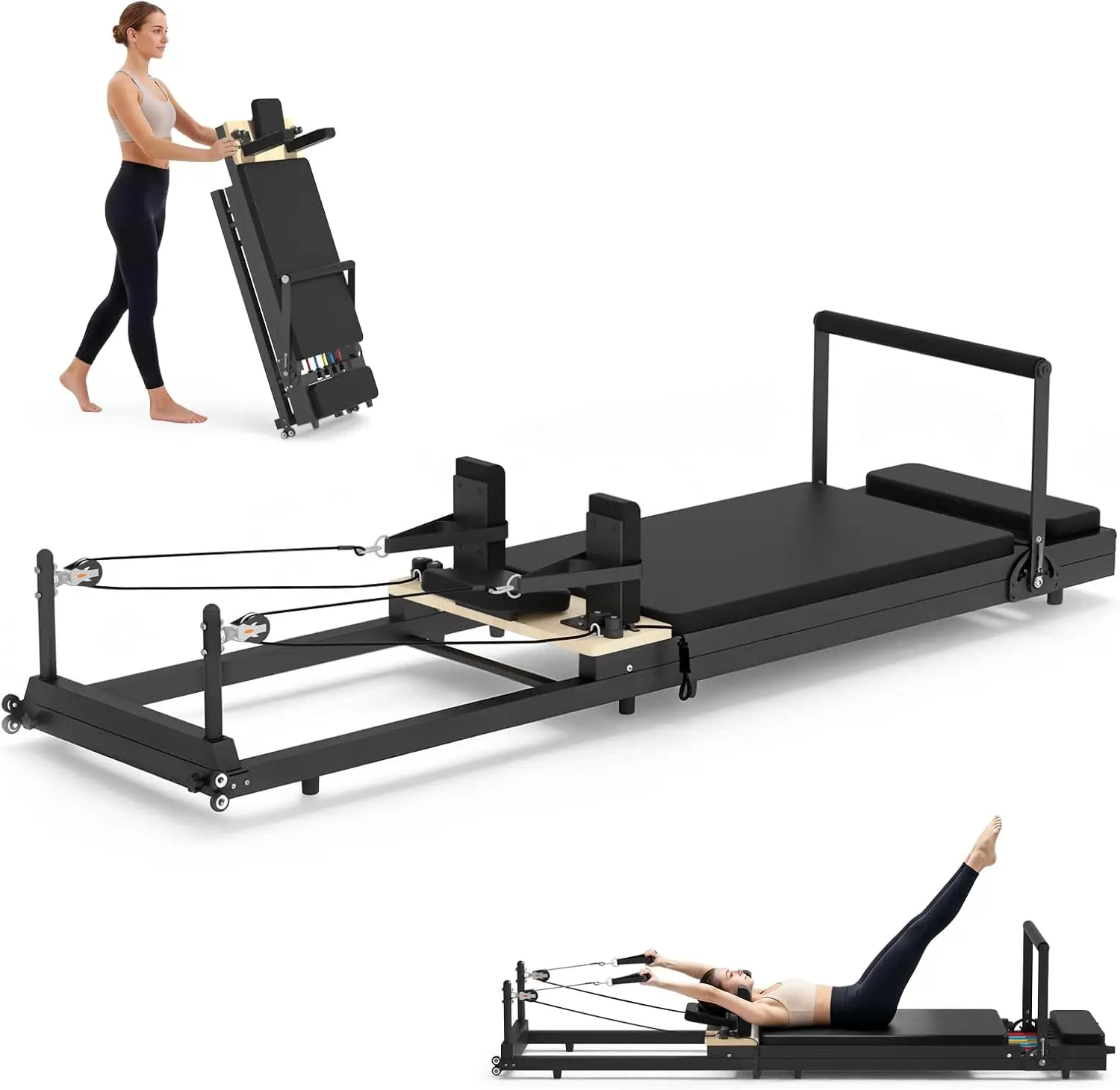 Foldable Pilates Reformer Machine, Compact Home Fitness Platform, Space Saving Full Body Exercise Trainer, Multi Functional Core Strength Workout Station, Modern Minimalist Style, Black Finish, 1 Set