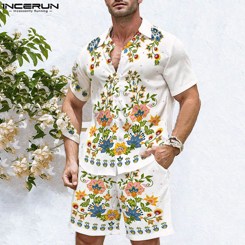 INCERUN 2025 America Style Sets Stylish Men's Short Sleeved Shirts Drawstring Shorts Leisure Floral Printed Suit 2 Pieces S-5XL